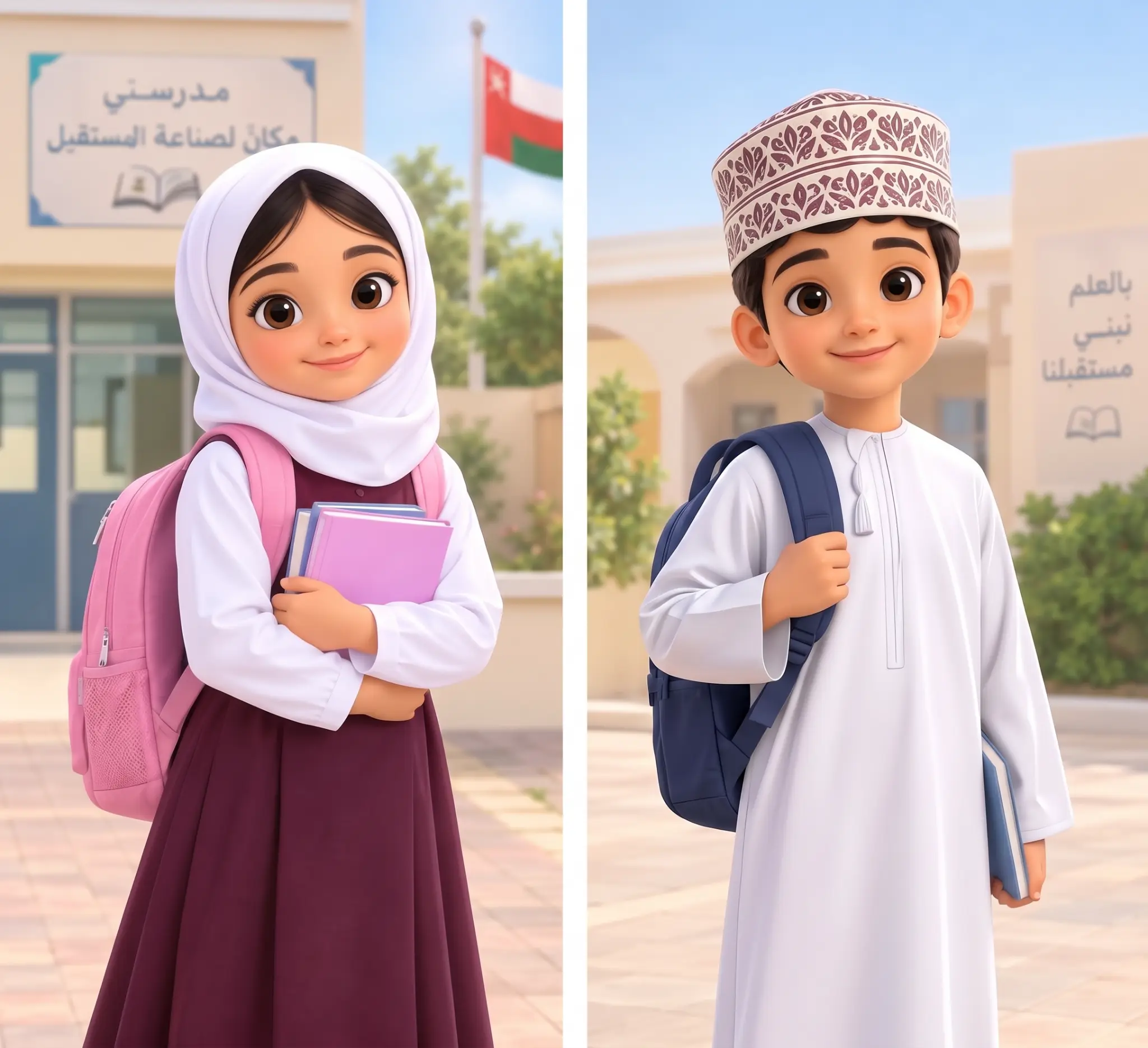 طالبة وطالب بالزي المدرسي أمام المدرسة